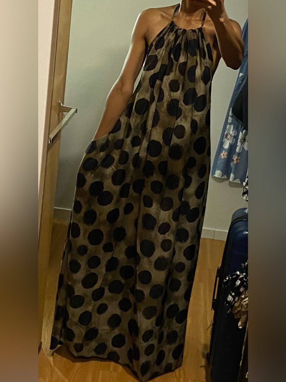 Sexy Open Back Polka Dot Maxi Dress in Olive and Black with Pockets. Summer Vibe